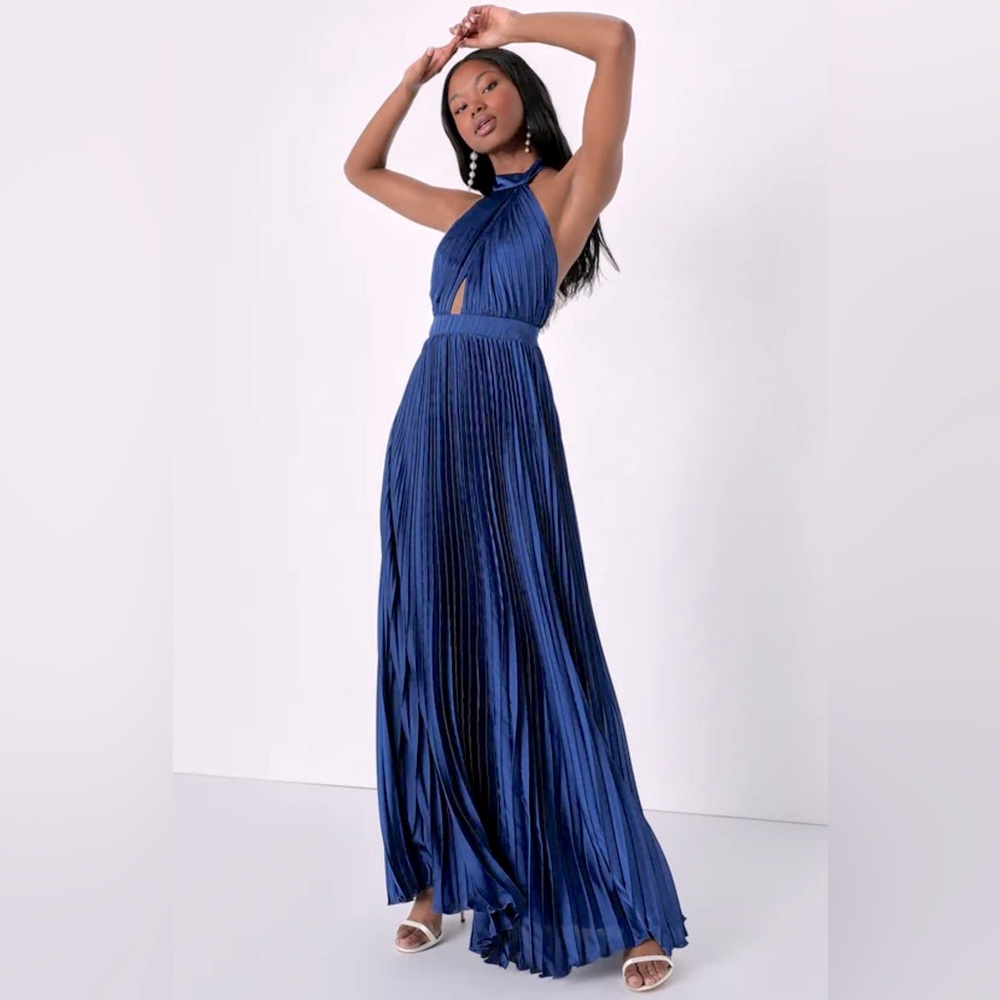 Lulus Midnight Moves Navy Blue Pleated Satin Cutout Halter Maxi Dress NWOT